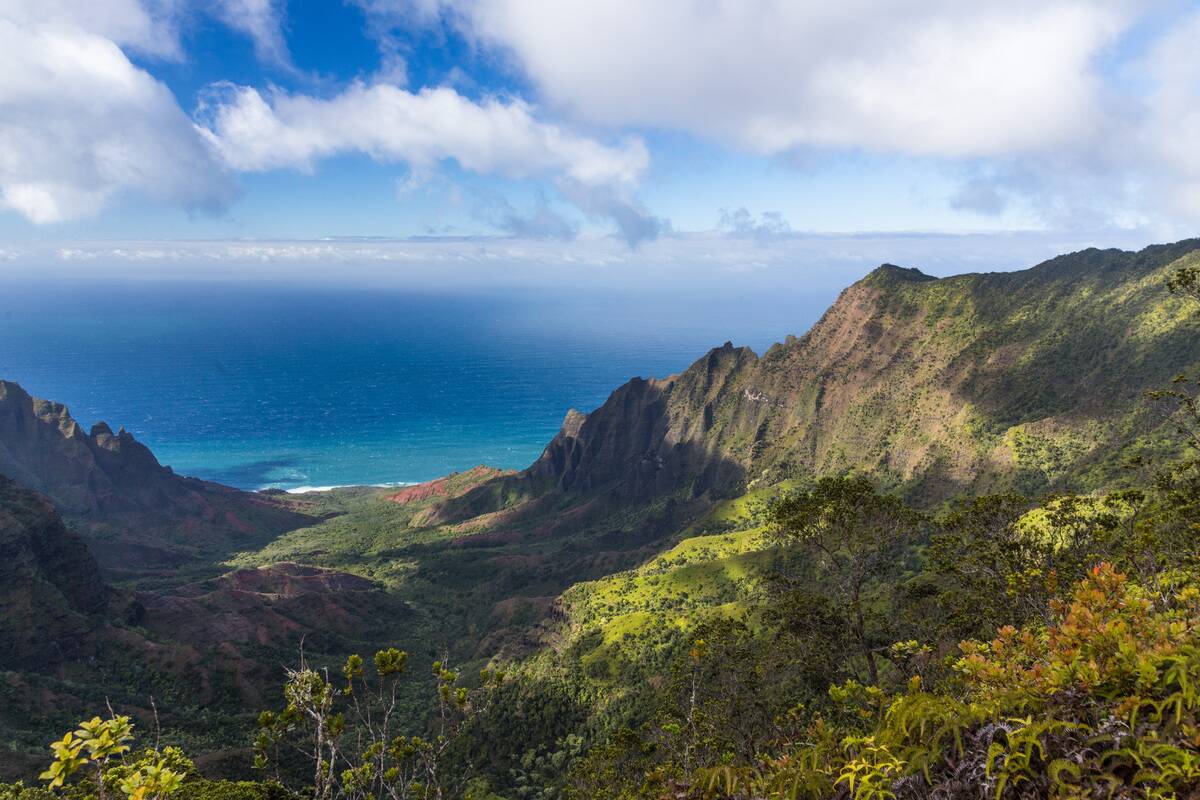 The Kalalau Valley in the Na Pali Coast State Park on the western shore of the island of Kauai in Hawaii, United States