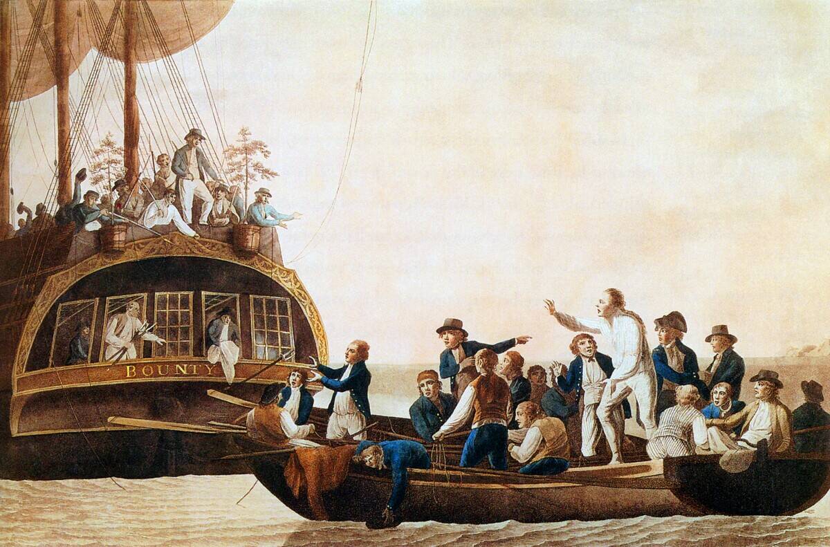 UK / Great Britain: Led by Fletcher Christian, mutineers set Lieutenant William Bligh and some of his officers adrift from HMS Bounty, Mutiny on the Bounty. Aquatint by Robert Dodd, 1790