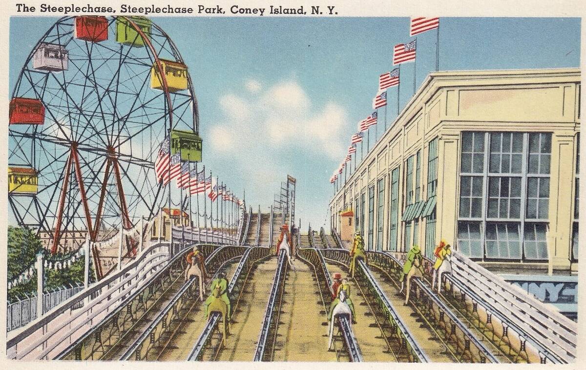 Vintage souvenir postcard, Coney Island, Steeplechase Park, Brooklyn, New York City, 1940