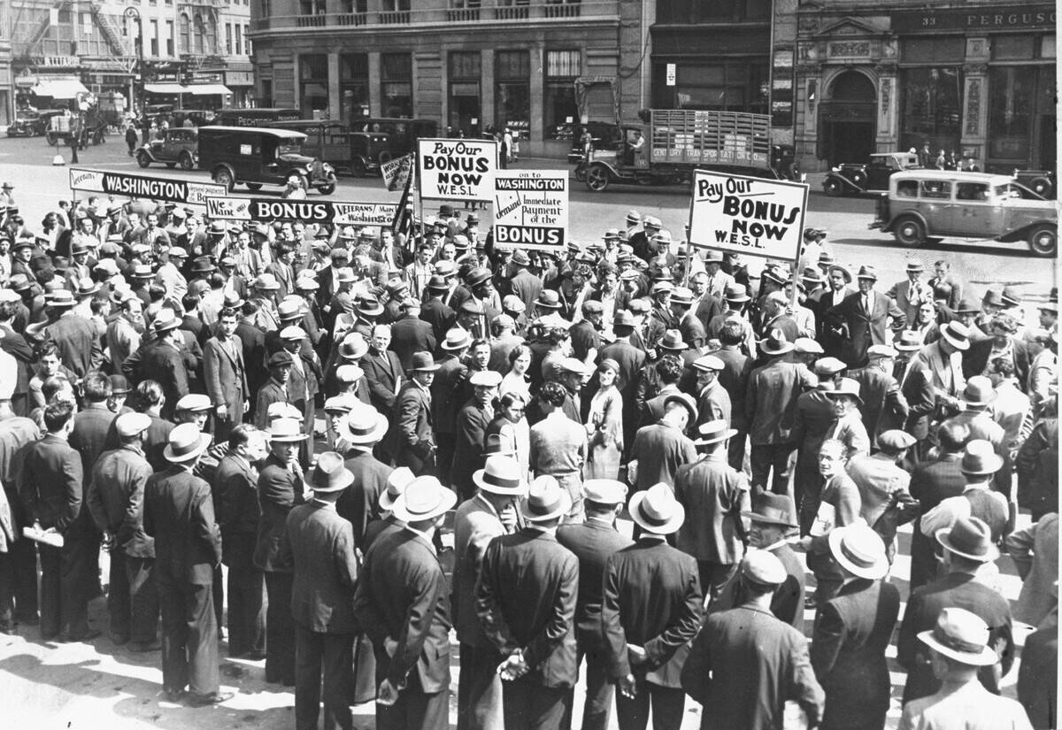 Bonus Army members, with posters demanding full bonus paymen