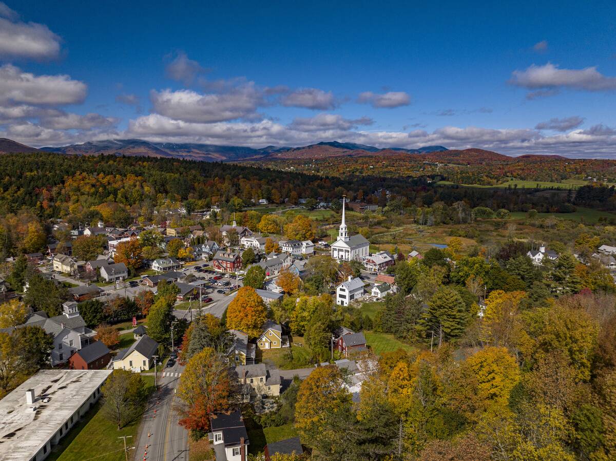 Elevated view of picture perfect Stowe Vermont in Autumn Color
