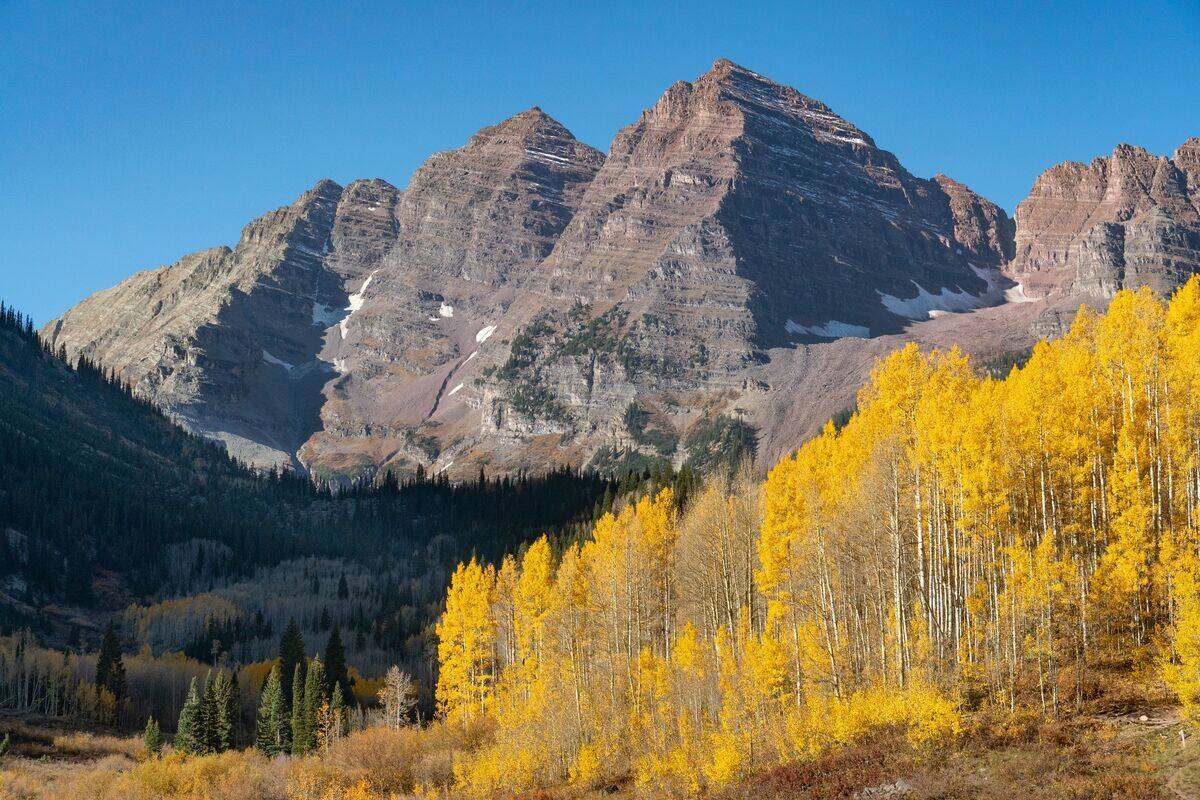 Maroon Bells, made of sedimentary rock of the Pennsylvanian-Permian Maroon Formation, Colorado. Fall aspen in foreground