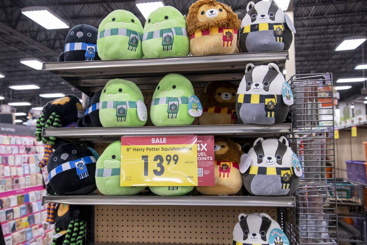 Palmer, Alaska. Harry Potter Squishmallow's on sale at a Fred Meyer grocery store, a sub of Kroger. The retail chain sells groceries, apparel, furniture, toys, electronics, and housewares.