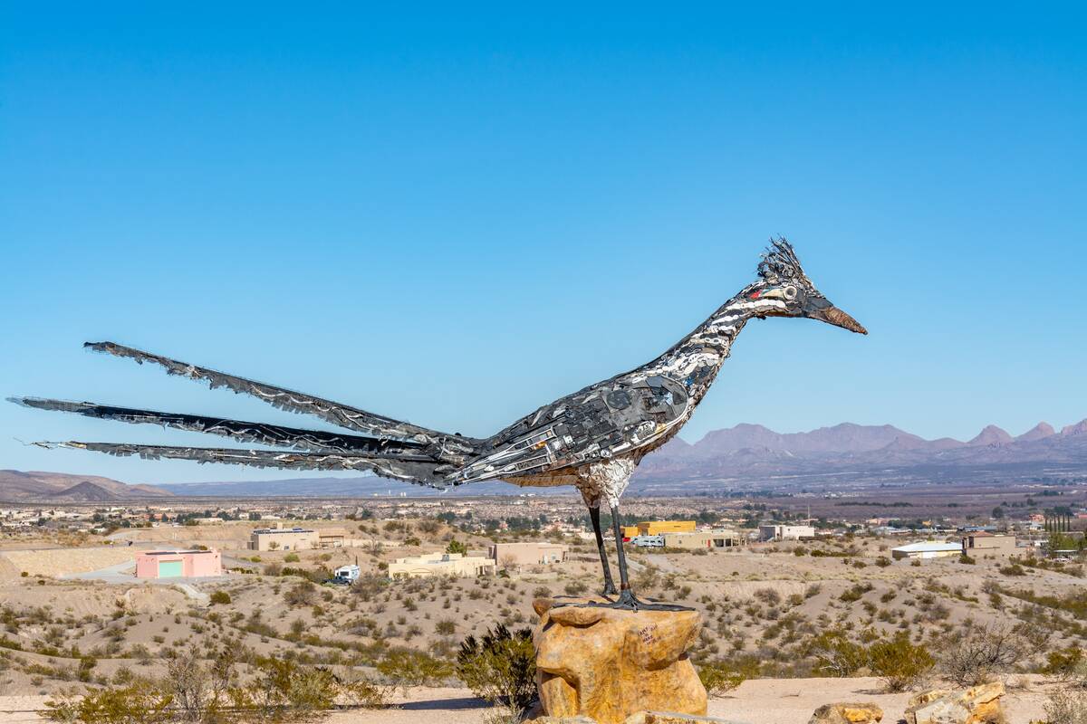 Roadrunner bird sculpture made from salvaged items from the city landfill in Las Cruces, New Mexico