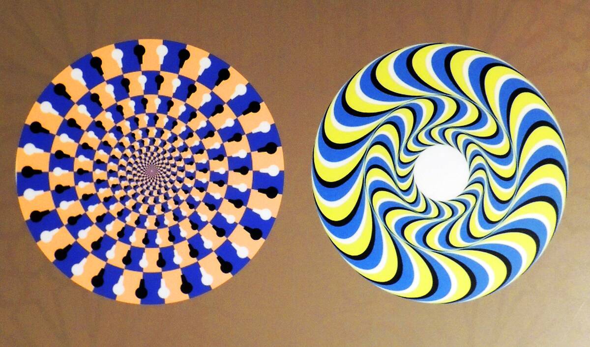 Rotating Snakes optical illusion. we perceive the brightly coloured circles of the image to be in circular motion.