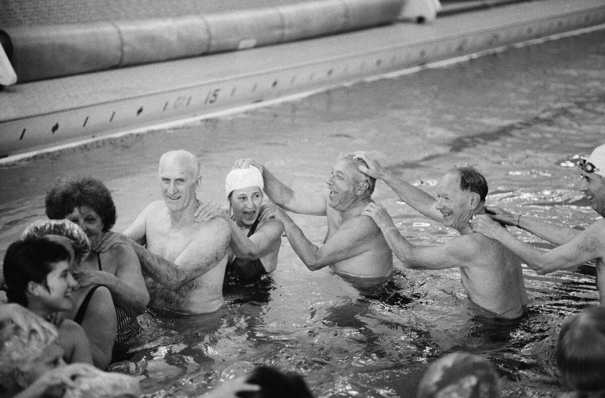 Senior Citizens Participating in Aquatic Classes, Copley Family YMCA, San Diego, California, USA. January 14, 1985