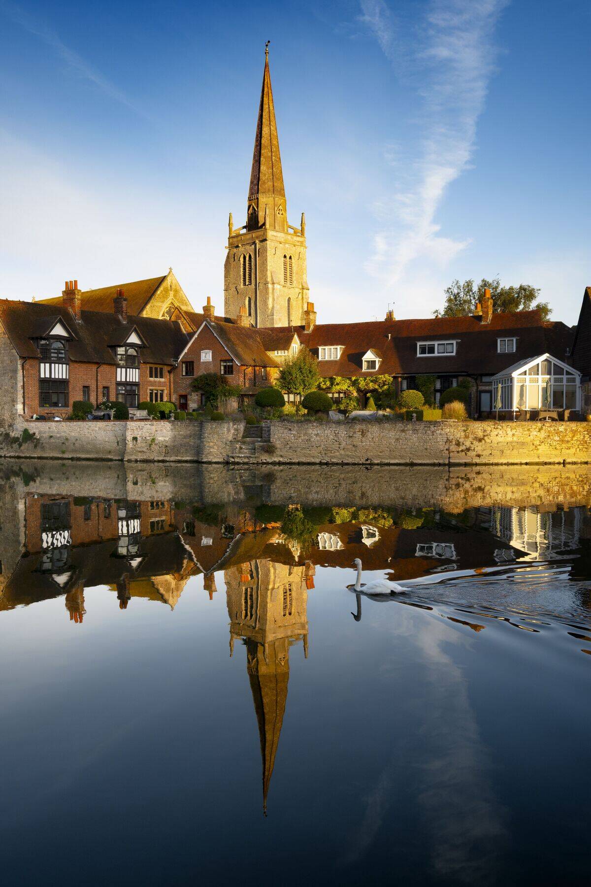 St Helens Church and passing swans on the Thames at Abingdon, early on an Autumn morning