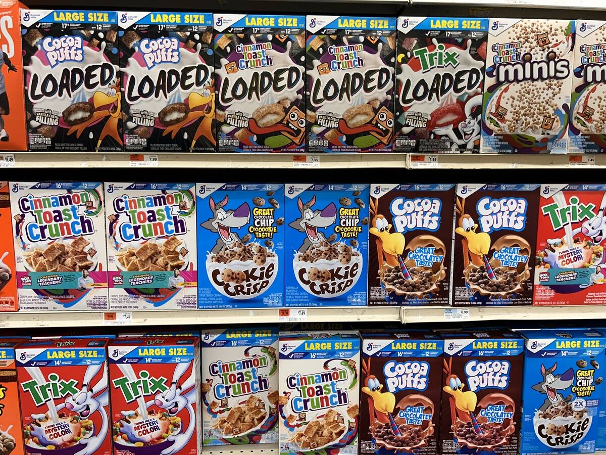 Super sugary Kellogg's Cocoa Puffs, Cinnamon Toast Crunch, Cookie Crisp, Trix cereals, Key Foods grocery store, Queens, New York