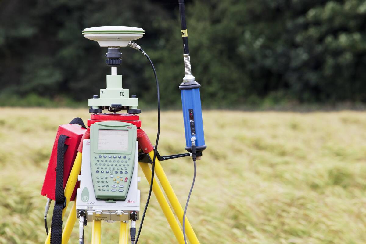 A differential GPS being used in real time kinematic survey, to survey the extent of the Durham canyon flooding feature, UK.