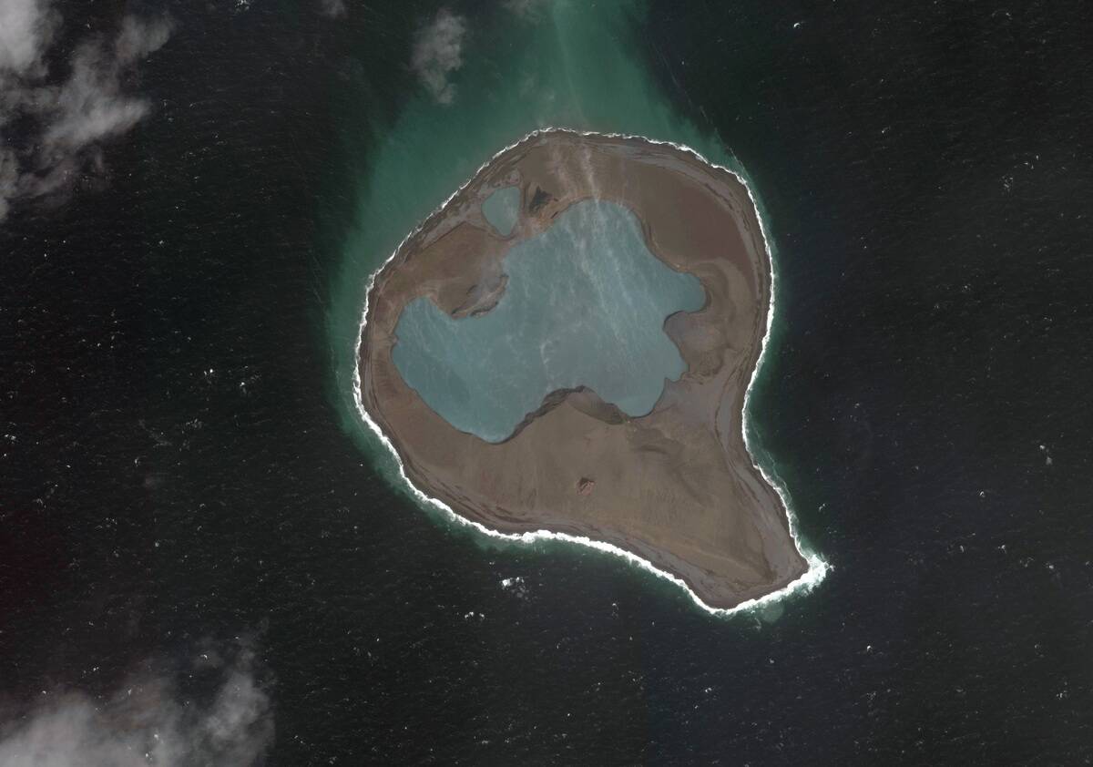 BOGOSLAF VOLCANO, ALASKA - MAY 11, 2017: This is a BEFORE ERUPTION DigitalGlobe satellite imagery of the Bogoslof Volcano, in the Aleutian island chain in Alaska.