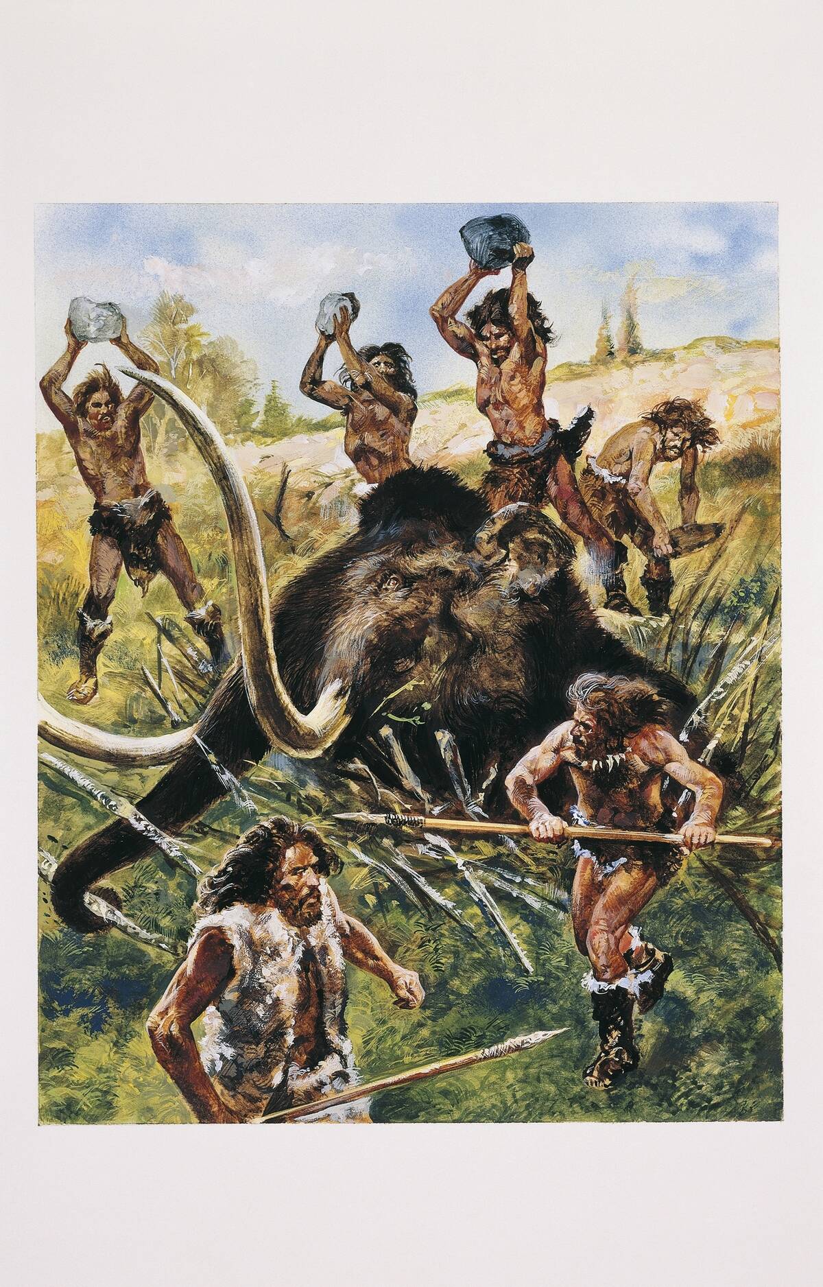 Group of neolithic people hunting an elephant