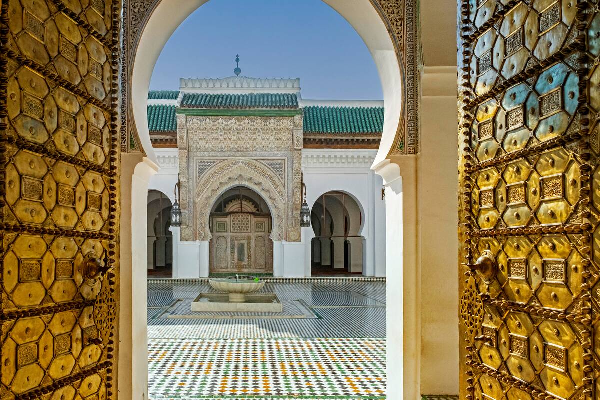 Main entrance with bronze doors and courtyard of the al-Qarawiyyin Mosque