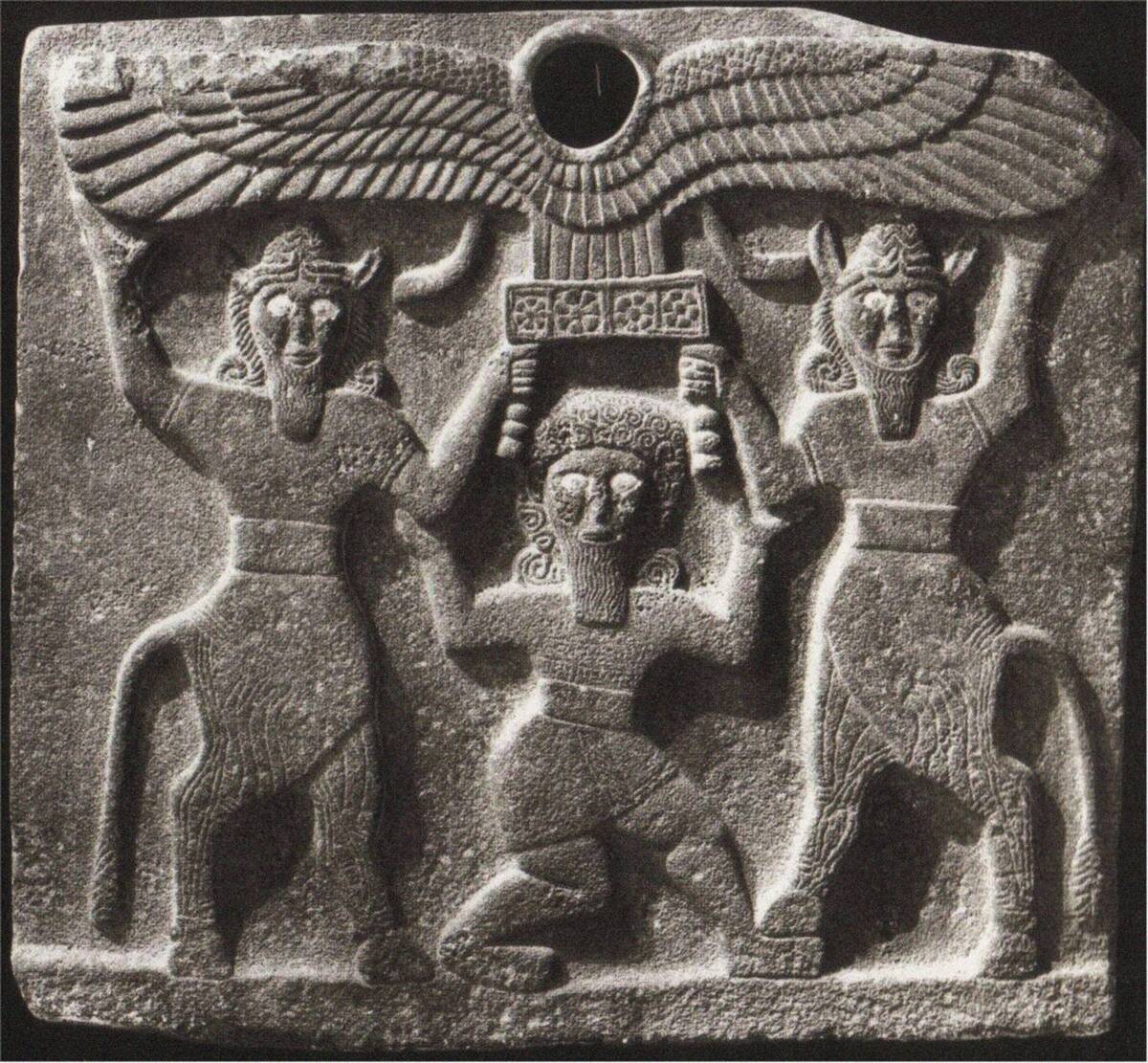 Orthostates Depicting Gilgamesh Between Two Minotaur Demigods Holding Up The Sun Disc. From Tell Hal