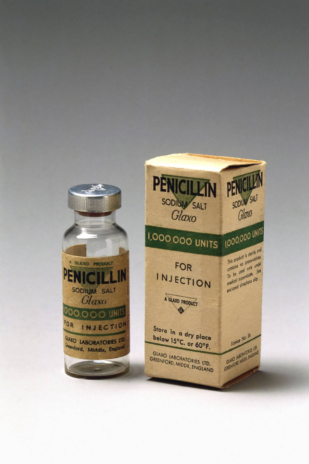 Penicillin specimen with original packaging, c 1950.