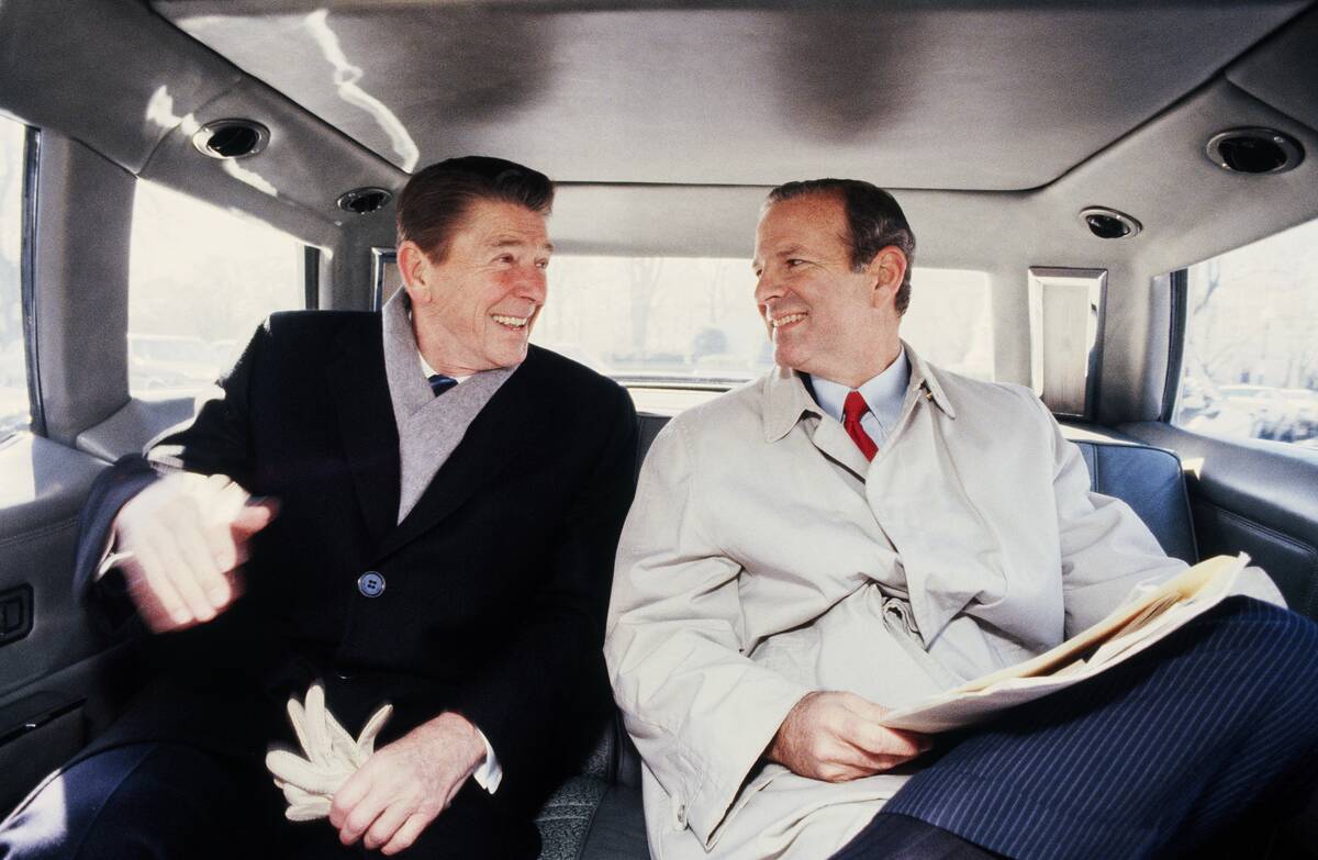 President Ronald Reagan and Chief of Staff James Baker in the Presidential Limousine