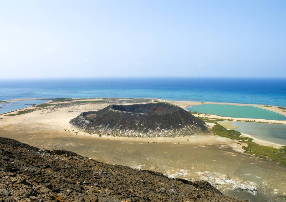 Volcano and lagoon, Al Zubair Archipelago, Island of Saba, Yemen...