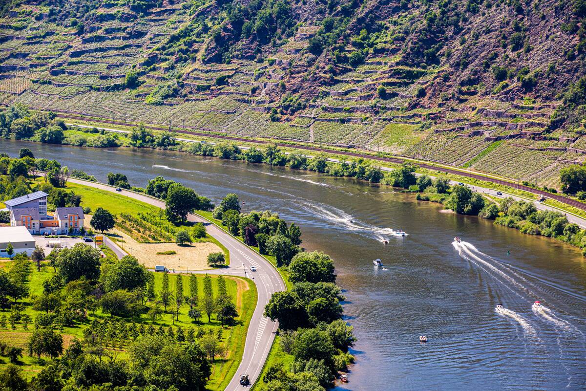 Motorboats on the Moselle River seen from an observation...