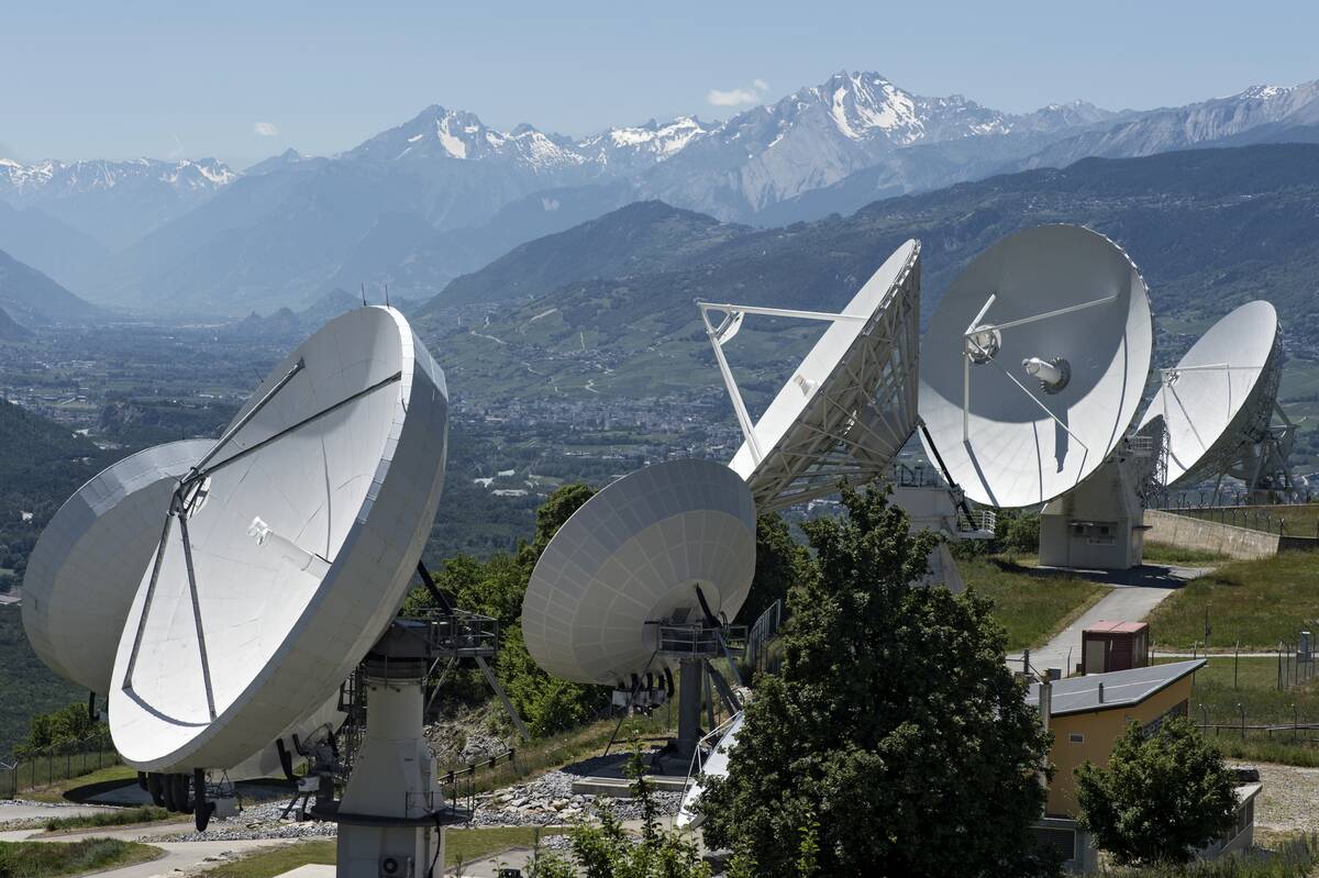 Parabolic antennas of a satellite earth station, Leuk, Valais, Switzerland