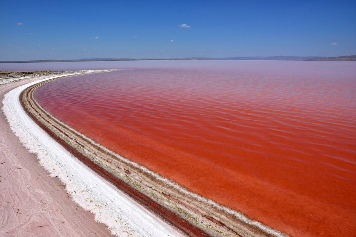 Red and white harmony in Salt Lake in Turkey
