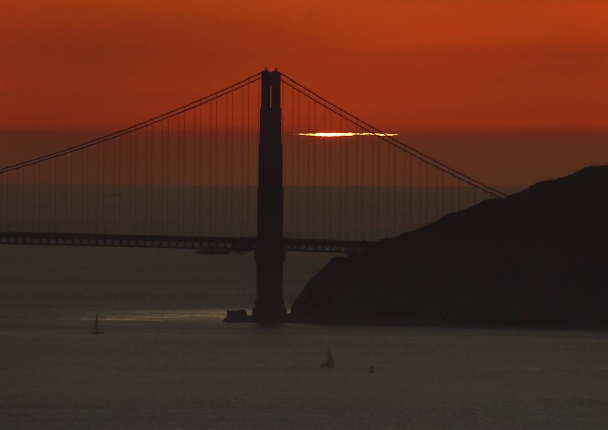 The setting sun creates a momentary green flash behind the Golden Gate Bridge seen from Berkeley, Calif. on Friday, Nov. 20, 2020