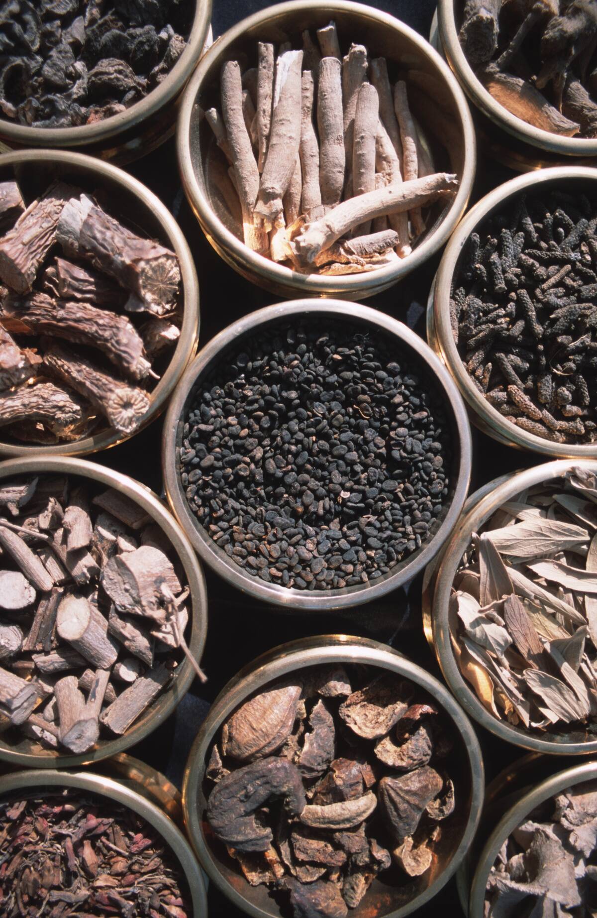 Herbs and spices used in ayurvedic preparations, at the...