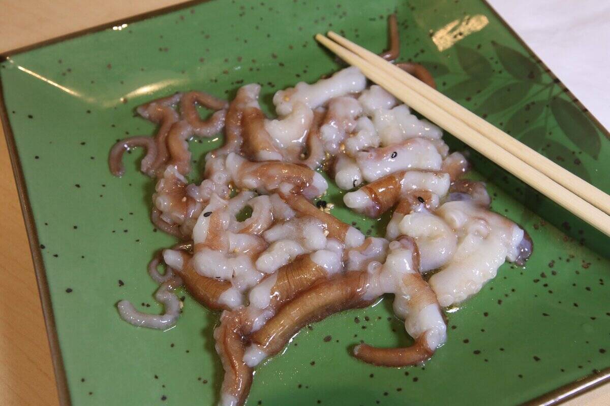 Korean dish sannakji at Marado Sushi. The dish, with still-moving octopus legs, has garnered 2 complaints from PETA.