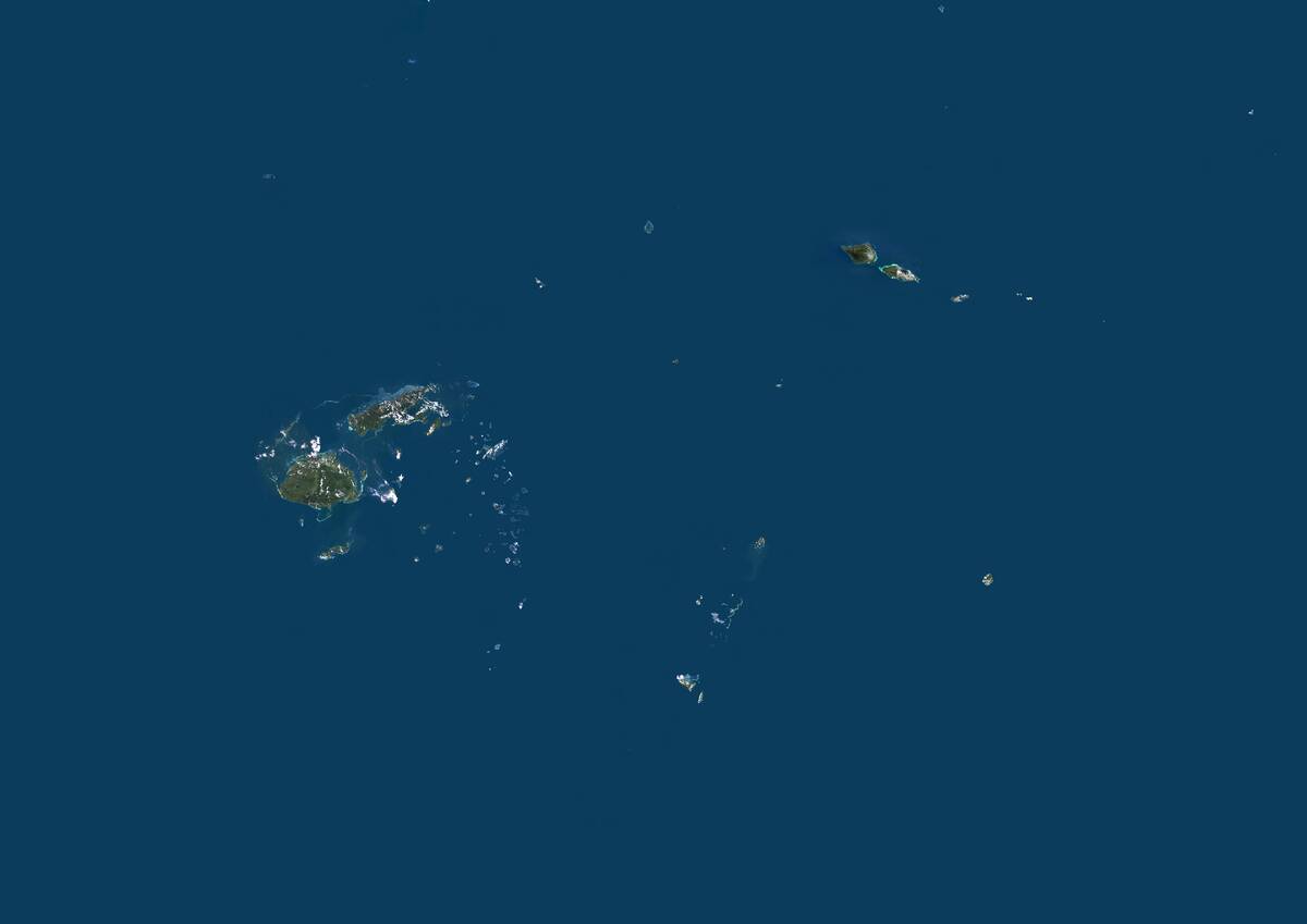 Fiji, Samoa, Tonga, Wallis And Futuna, Oceania, True Colour Satellite Image