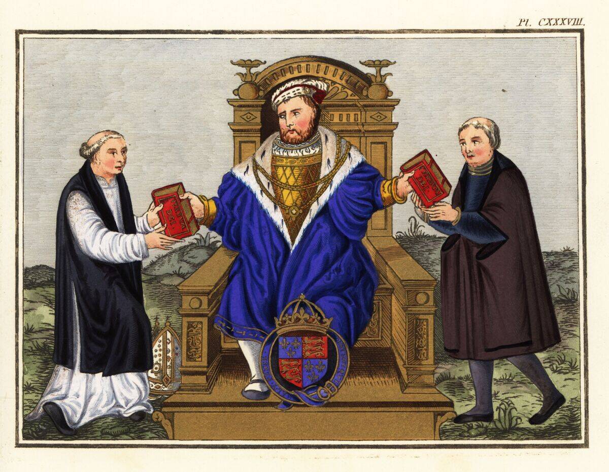 King Henry VIII of England on his throne giving bibles to Thomas Cranmer