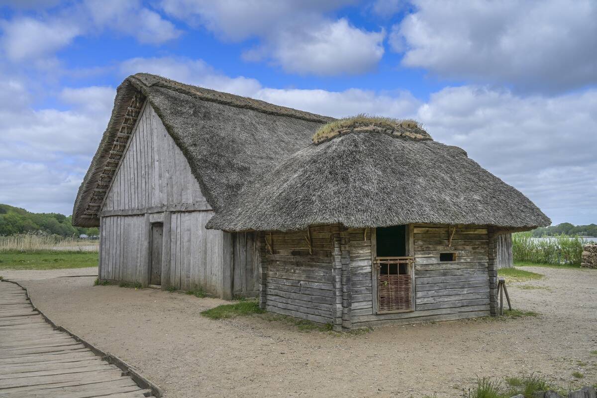 Thatched historic house, village, Viking Museum Haithabu, Schleswig, Schleswig-Holstein, Germany